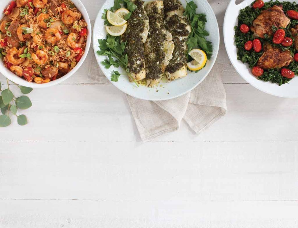 Baked Haddock Fillets Choose from Ginger-Soy, Chimichurri or Puttanesca sauce Baked Chicken Thighs Choose from Dry Rub, Bourbon Sauce, Teriyaki Sauce or with Braised Kale and Roasted Tomatoes Sliced