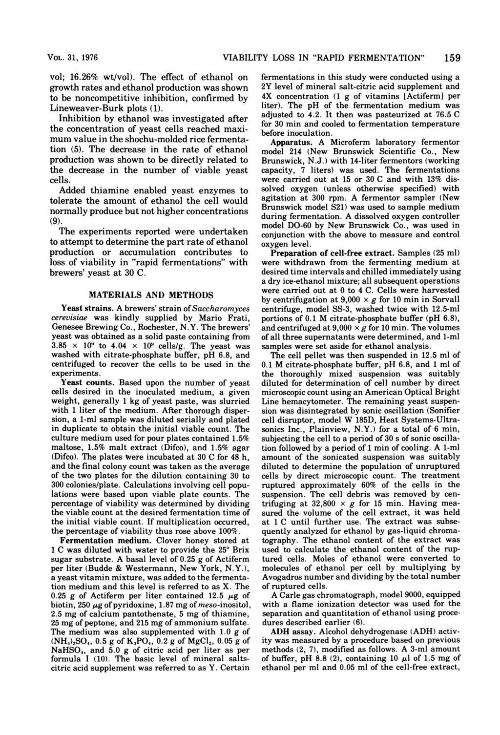 VOL. 31, 1976 VIABILITY LOSS IN "RAPID FERMENTATION" 159 vol; 16.26% wt/vol).