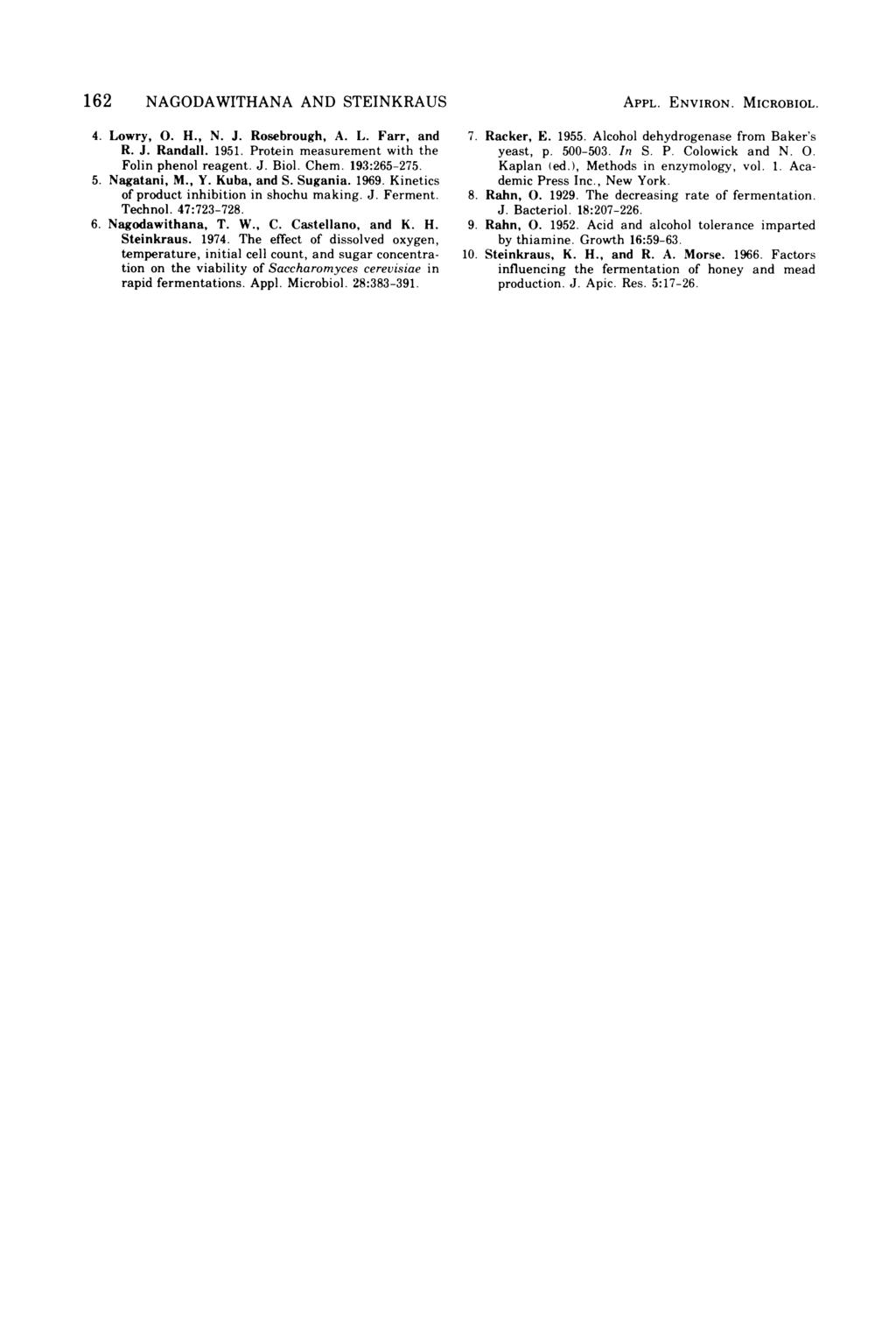 162 NAGODAWITHANA AND STEINKRAUS 4. Lowry, 0. H., N. J. Rosebrough, A. L. Farr, and R. J. Randall. 1951. Protein measurement with the Folin phenol reagent. J. Biol. Chem. 193:265-275. 5. Nagatani, M.