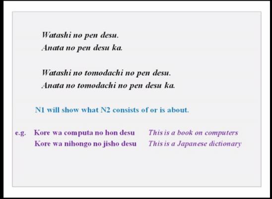 (Refer Slide Time: 33:50) Now we have already done watashi wa pen desu in lesson 4 anata no pen desu ka, asking a question, then also we can replace watashi