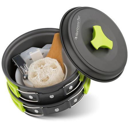 CAMP HORIZONS TEC MORE WORRY LESS THE HORIZONS TEC CAMPING COOKWARE IS A TEN- PIECE MESS KIT THAT IS FLEXIBLE AND PORTABLE ENOUGH TO TAKE CARE OF YOUR COOKING NEEDS WHILE YOU ARE OUT IN THE WILD.