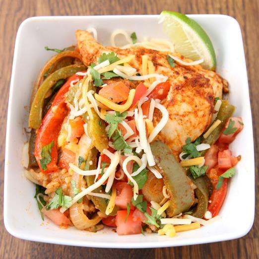 Chicken Fajita Rice & Veggie Bake 1. Preheat oven to 375 F (190 C). 2. In a medium bowl, combine spices to make fajita seasoning, or use store-bought. 3. In a large bowl, combine, onion, peppers, and chicken.