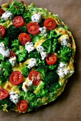 Broccoli and Goat Cheese Frittata Serves 4 8 large eggs 3 tablespoons water 2 teaspoons broth 15 cherry tomatoes, sliced (about 1 cup) 2 cups chopped cooked broccoli 1/4 teaspoon salt Freshly ground