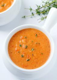 Roasted Red Pepper and Cauliflower Soup Serves 6 3-4 red peppers roasted 4 whole garlic cloves 1 teaspoon olive oil 1 head steamed cauliflower 1-2 cups vegetable broth (depending on how thick you