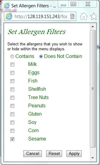Allergen Filter on the web menu. This allows you to include or exclude one or more of the major allergens.