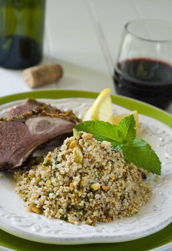 AMERICAN PISTACHIO GARLIC MINT QUINOA PILAF RECIPE BY CAROL KICINSKI 6 servings ½ cup shelled, roasted, salted pistachios 2 tablespoons olive oil 1 shallot, finely chopped, or ¼ small red onion,