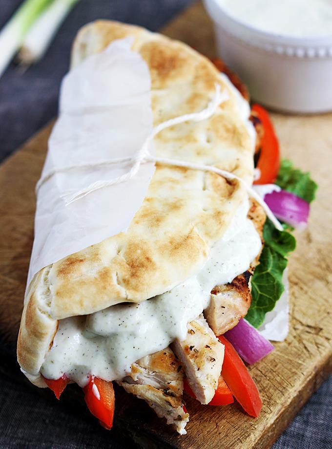Easy Chicken Gyros with Tzatziki Sauce Prep time: 5 minutes Serving size: 1 gyro with 2 oz.