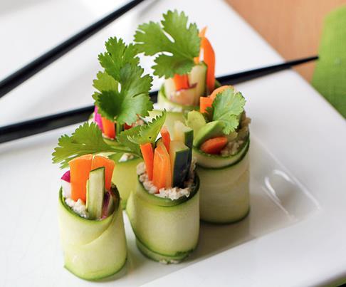 Raw Zucchini Sushi Rolls Prep time: 10 minutes Serving size: 2 rolls each 2-3 medium zucchinis 1 carrot, sliced into matchsticks 1 cucumber, seeds removed, and sliced into matchsticks 1 avocado,