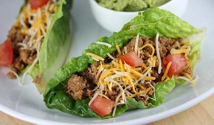 Beef Tacos in Lettuce Bowls Prep time: 20 minutes Serving size: 1 lettuce bowl with 2 oz. [60 g] beef 2 sweet bell peppers 1 small onion 1 tbsp. oil [15 ml] 10 oz. cooked ground beef [283.5 g] 1 tsp.