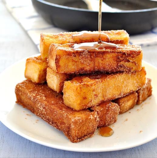 French Toast Bites Prep Time: 15 minutes Serving size: 1 slice or 3 strips of bread Gluten-free option: Use gluten-free bread Dairy-free option: Use coconut milk 5 slices bread, whole wheat, thick