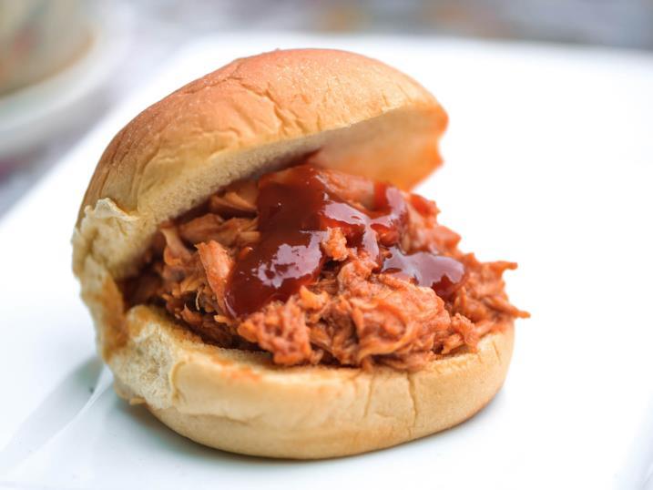 BBQ Pulled Chicken Sandwiches Prep Time: 10 minutes Serving size: 1 bun with ½ cup [125 ml] chicken Gluten-free option: Use gluten-free buns 2 chicken breasts, cooked and shredded ¾ cup barbecue