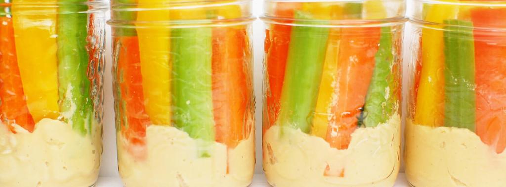 Hummus Dippers 4 ingredients 15 minutes 12 servings 1. Slice your pepper, carrot and celery into sticks. 2. Line up 4 small mason jars (we like to use size 250 ml).