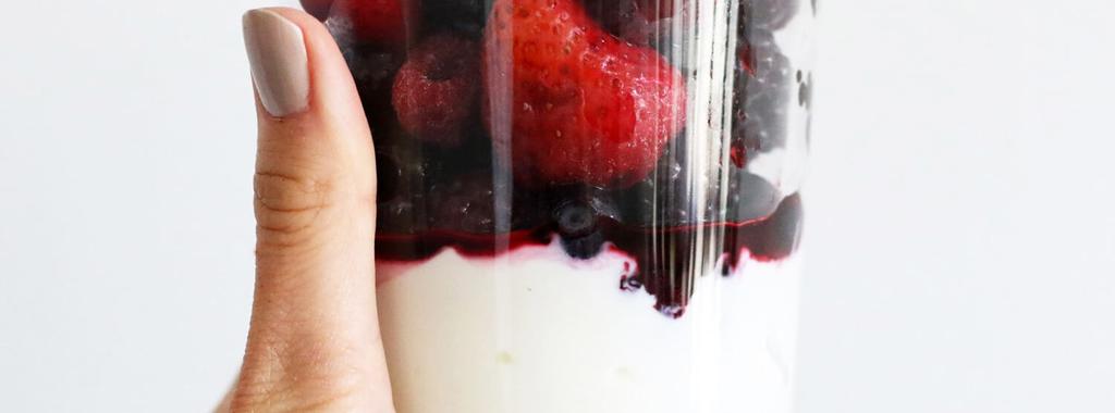 Yogurt & Berries 2 ingredients 5 minutes 8 servings 1. Divide yogurt into glasses or bowls. Top with thawed frozen fruit. (Do the reverse if you like the fruit on the bottom.