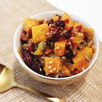 SALADS, SANDWICHES AND SOUPS SUPERFOOD SALAD WITH SWEET POTATOES OVER BLACK RICE YIELDS: 6 SERVINGS 4 large Sweet Potatoes, peeled and cut into small squares 3 tablespoons Maple Syrup 4 tablepsoons