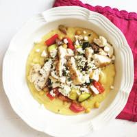 DINNERS CREAMY POLENTA WITH WHITE BEANS & ROASTED VEGETABLES YIELDS: 4 SERVINGS POLENTA 2 cups Water 2 cups Vegetable Broth Salt & Pepper 2 tablespoons Butter TOPPING 1 medium Eggplant (or Zucchini),