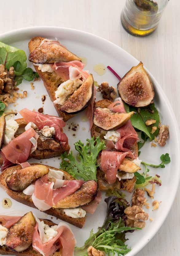 Honey Roasted Figs Bruschetta WITH BUFFALO MOZZARELLA, WALNUTS & PROSCIUTTO DI PARMA Prep 10 mins Cooking time 15 mins Serves 4 8 fresh figs, halved 2 tbsp honey 2 tbsp extra virgin olive oil (for