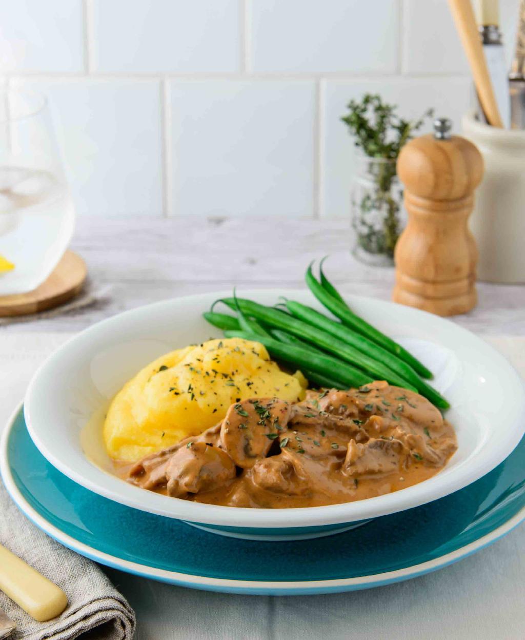 BEEF STROGANOFF SERVES 1 335 per serve 1/4 cup dry polenta 1 cup water Cooking oil spray 100g of lean beef rump 1/4 brown onion, sliced 1 cup mushrooms, sliced 1 & 1/2 tsp plain wholemeal flour 1/2