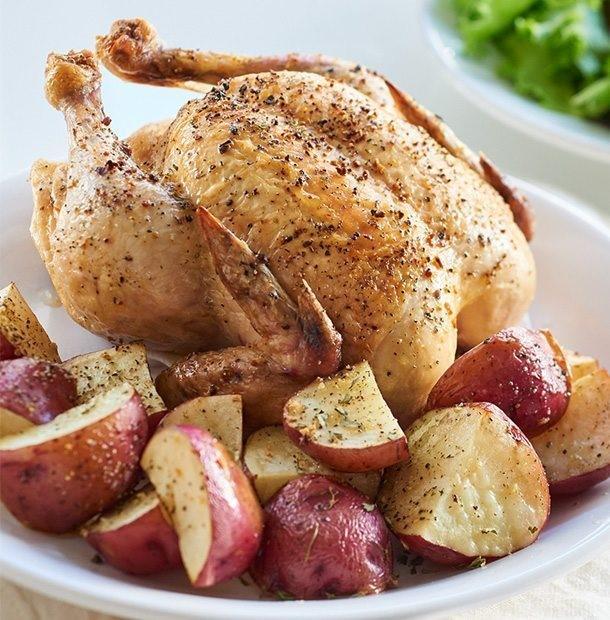 Tandem Roasted Chicken & Potatoes 4 5 lb. whole chicken 1½ tbsp. Steak & Chop Seasoning, divided 1 lb. red potatoes, halved 1 tbsp. extra virgin olive oil Thyme & Sage Roasted Chicken 6 tbsp.