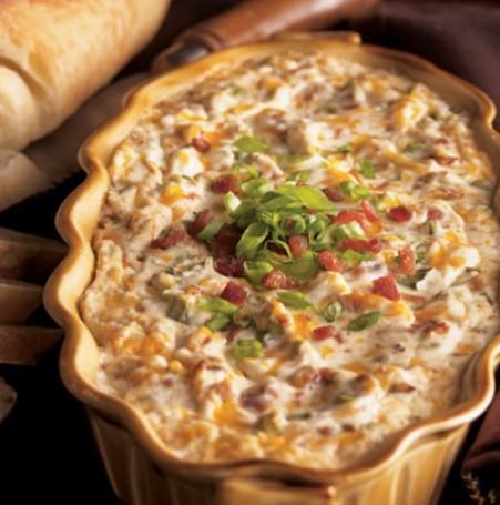 Warm & Creamy Bacon Dip Weeknight Chicken Pot Pie 8 ounces cream cheese, softened to room temperature 2 cups sour cream 3 ounces bacon, crumbled (about 6 pieces) 2 cups shredded cheddar cheese ½ cup