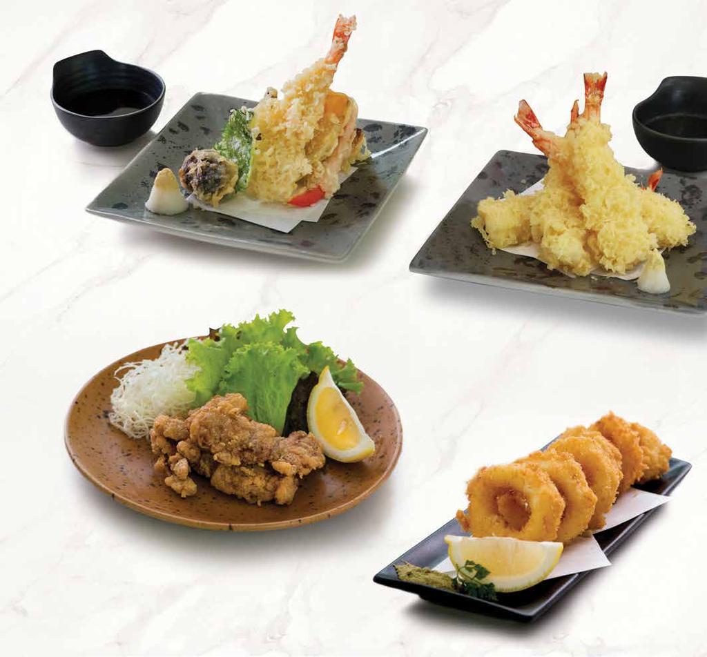 てんぷら盛り合わせ tempura moriawase 48,000 海老天ぷら盛り合わせ tempura ebi 78,000 揚物 AGEMONO / frieds 鳥唐揚 KUU STYLE TORI KARAAGE 40,000 Japanese fried chicken with lemon チキンカツ CHICKEN KATSU 35,000 crispy fried