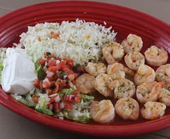 49 Shrimp Fajitas Shrimp cooked with tomatoes, onions and bell peppers. Served with rice, beans, lettuce, sour cream and pico.