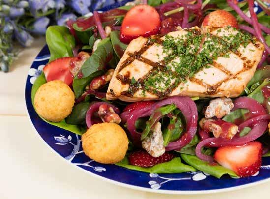 Salmon Strawberry Salad with Lemon Poppy Seed Dressing serves 4 4 4-5 oz Salmon Filets 2 Tablespoon Olive Oil 2 Tablespoon Dill Weed 1 teaspoon Black Pepper 1 Tablespoon Paprika 8 Cups Spinach 2 Cups