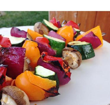 Grilled Veggie Kabobs [Makes 4 Servings] 4 skewers 2 sweet bell peppers 6-10 whole mushrooms ½ red onion 8 cherry tomatoes extra virgin olive oil 1. Preheat grill on low to medium. 2. Cut all the veggies into big chunks then place on skewers.