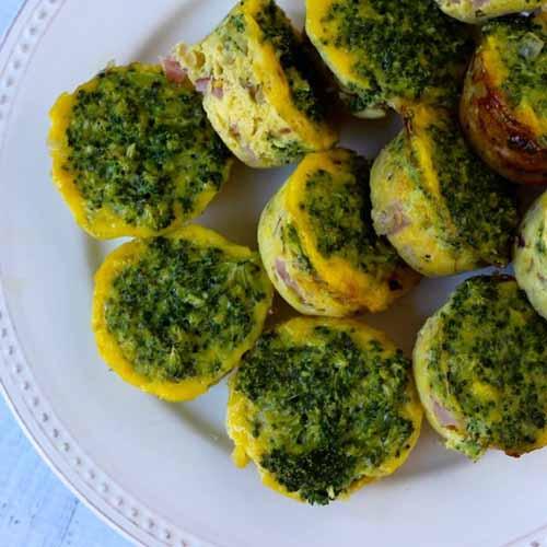 Friday, 18th May 2018 Broccoli and Ham Frittata Muffins 1 tablespoon extra virgin olive oil, for greasing 1/3 head broccoli 4 ounces ham 6 eggs 1/2 cup filtered water 1 1/2 teaspoons coarse sea salt,