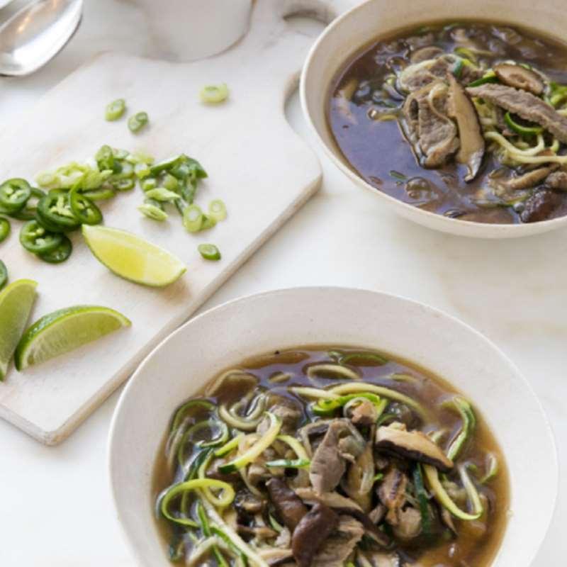 Wednesday, 23rd May 2018 Asian Beef Zoodle Soup Active Time: 25m Total Time: 25m 6 ounces sirloin steak 1/2 small onion 3 ounces shiitake mushrooms 1 clove garlic 1 teaspoon fresh ginger 1 tablespoon