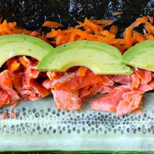 Thursday, 24th May 2018 Salmon and Seaweed Roll Ups (Paleo) 1/2 pound salmon fillet, 4 ounces per person 1/2 cucumber 1/2 carrot 1 avocado 1/2 lemon 4 roasted seaweed sheets coarse sea salt, to taste