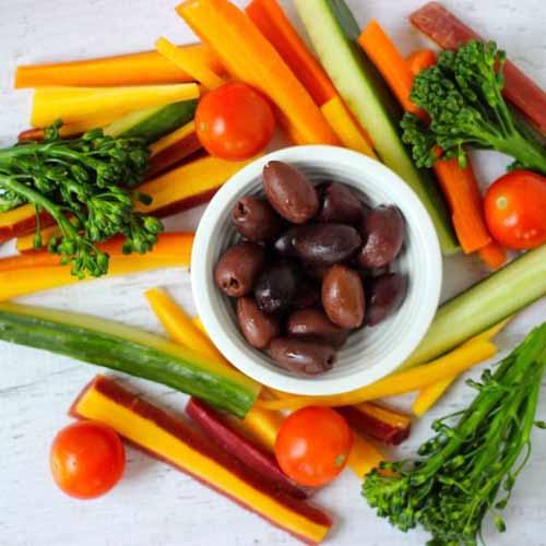 Sunday, 20th May 2018 Greek Meze Dippers 1/2 jar kalamata olives 1/2 english cucumber 1 large carrot 1/2 bunch broccolini, lightly steamed 1/2 pint
