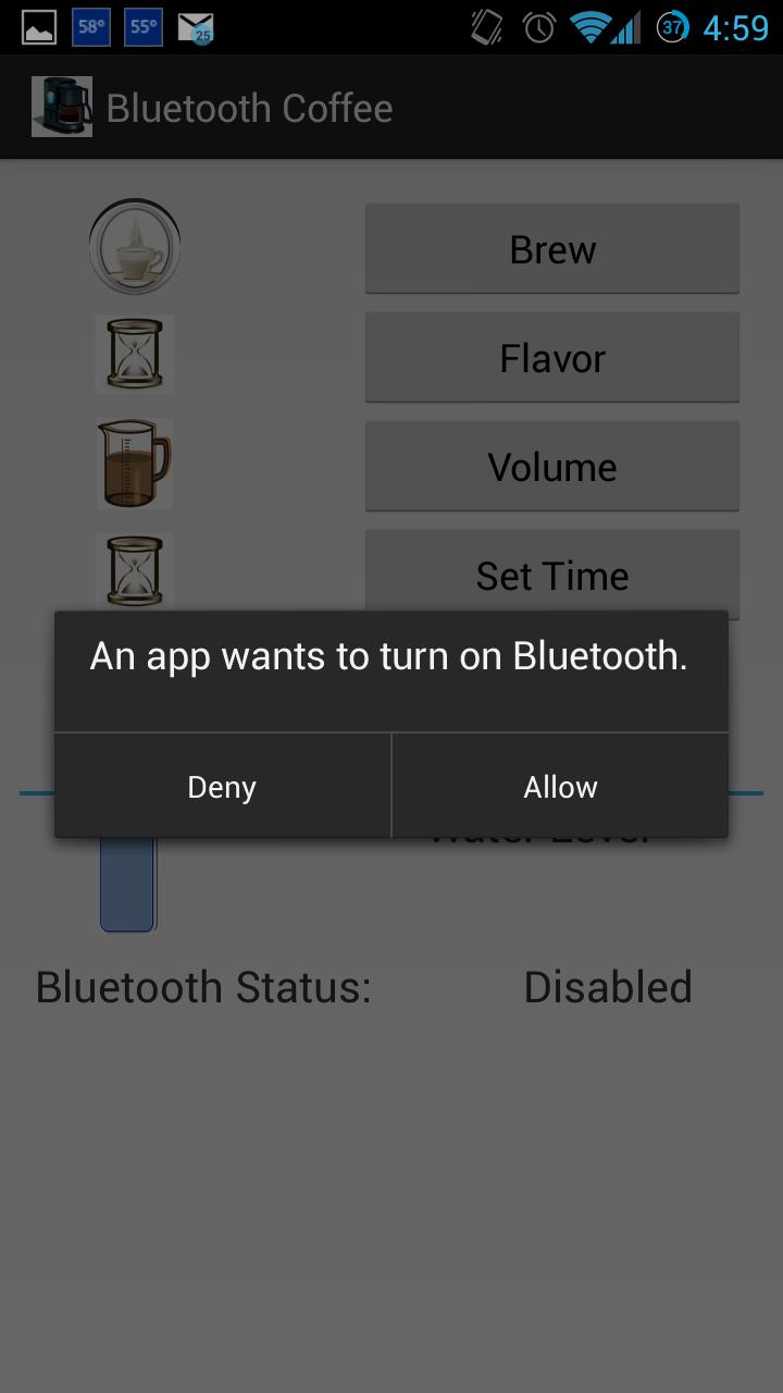 Figure 1: Basic layout of the Android application. Figure 2: Basic layout of the Android application displaying Bluetooth enable prompt.