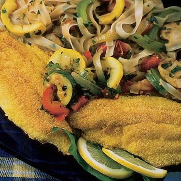 Flounder with Garden Vegetables Summer flounder and fresh garden vegetables make this pasta dish an extra special side.