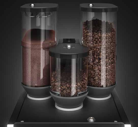 Machines equipped with two grinders and powder hoppers also provide the option of using the manual insert for ground coffee, for example for preparing decaffeinated coffee.
