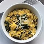 Quinoa Egg Scramble Recipe 1/2 tablespoon extra-virgin olive oil 1 teaspoon garlic, minced 2 eggs 1 tablespoon water Pinch of salt Pinch of pepper 1 cup spinach 1/4