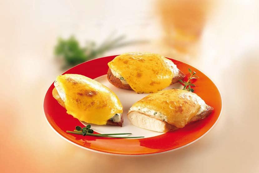 Chicken breast fillets Fromage Seared chicken breast fillets topped with herbed cream cheese and cheese slices Tender cheese melts when