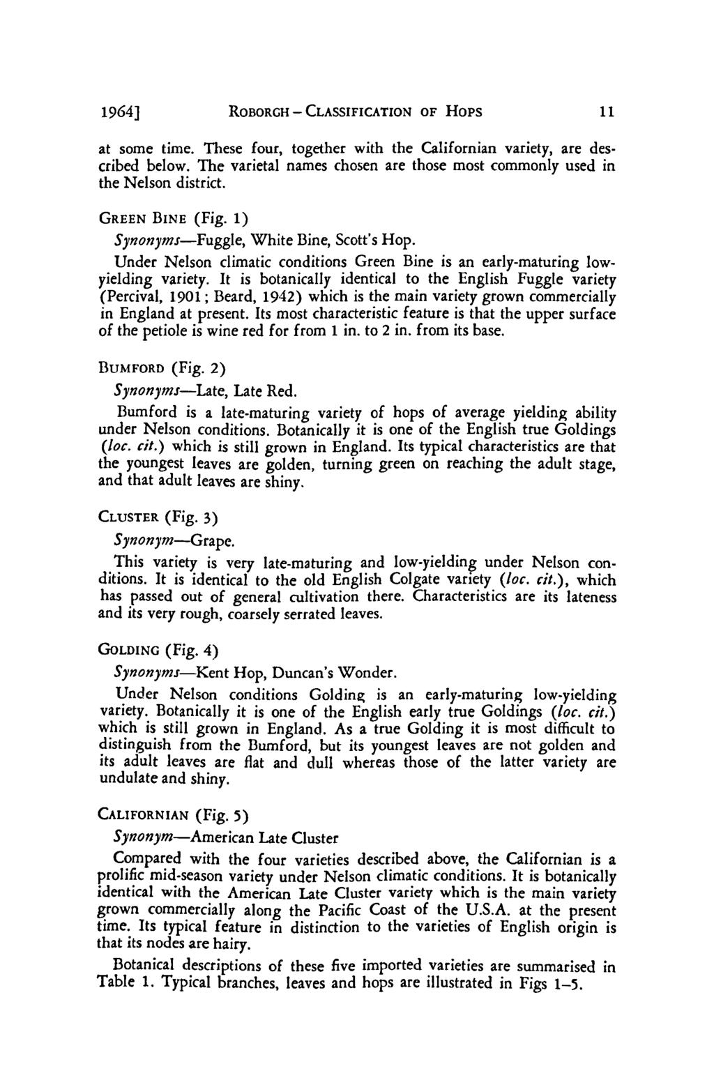 1964] ROBORGH - CLASSIFICATION OF Hops 11 at some time. These four, together with the Californian variety, are described below.