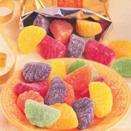 Fruit-flavored jelly slices in citrus shapes. Sweet, vibrant orange, lemon, cherry, lime and grape flavors. Mmmm!