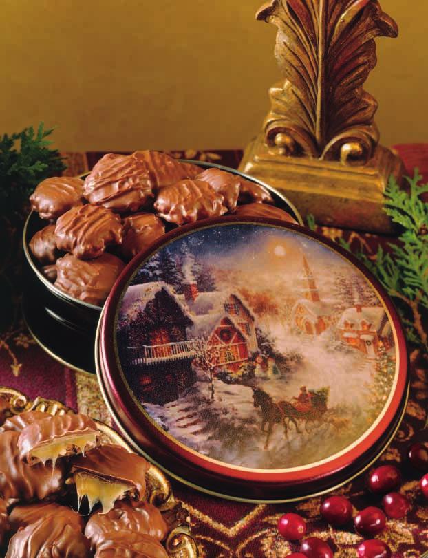 PEANUT CARAMEL CLUSTERS IN SNOWY EVENING GIFT TIN P920. Chewy Peanut Caramel Clusters are hand-packed in this nostalgic Nicky Boehme Snowy Evening gift tin.