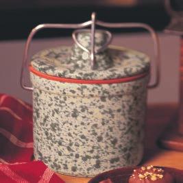 Packed in a reusable, gorgeous green spatter crock with an old-fashioned wire closure.
