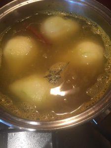 Bring to the boil, place the lid on the saucepan and reduce the heat to a steady simmer Simmer for 30 minutes for smaller pears and 35-40 minutes or larger pears.