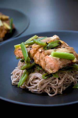 DINNER Baked Salmon with Soba Noodles & Asparagus Serves 2 Asian inspired marinated salmon served with soba noodles, makes this a delicious and healthy meal.
