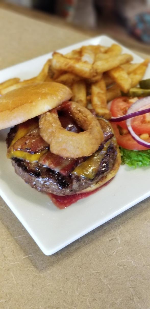 IF YOUR PARTYS' IN A HURRY 1/2 LB BURGERS served with choice of fries, substitute sweet potato waffle fries, onion rings or salad for 1.
