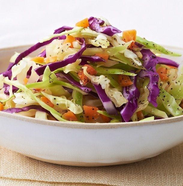 Vinaigrette Coleslaw ½ cup apple cider vinegar ¼ cup vegetable oil ½ tsp. celery seed ½ tsp. black pepper 1 large green cabbage, about 1½ lbs., cored and quartered ½ cup granulated sugar 2 tsp.