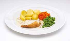 415g Chicken and formed bacon with added water in a thyme gravy, topped with sauté potatoes, served with broccoli, peas, green beans and mashed carrot & swede.