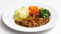 mushrooms in a rich sauce, served with mashed potato, broccoli and mashed carrot.