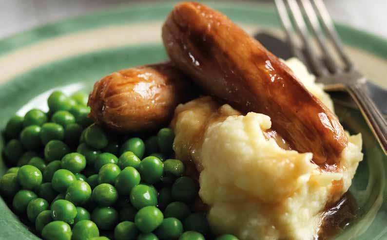 Bangers & Mash 235 Sausages in Onion Gravy 321 322 Cumberland Sausages PORK Pork Two pork sausages in a rich gravy, served with peas and mashed potato.