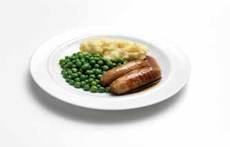 Two Cumberland sausages made with a mix of herbs and spices in gravy, served with spring onion mashed potato, carrot, swede and peas.