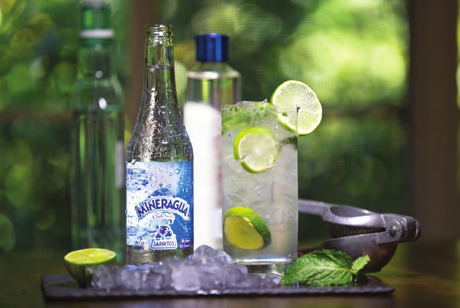 MINERAGUA MOJITO 45ml Light Rum 1 Mint Leaf ½ of lime 15ml Simple Syrup Glass with ice Jarritos Mineragua Add mint leaves into shaker.