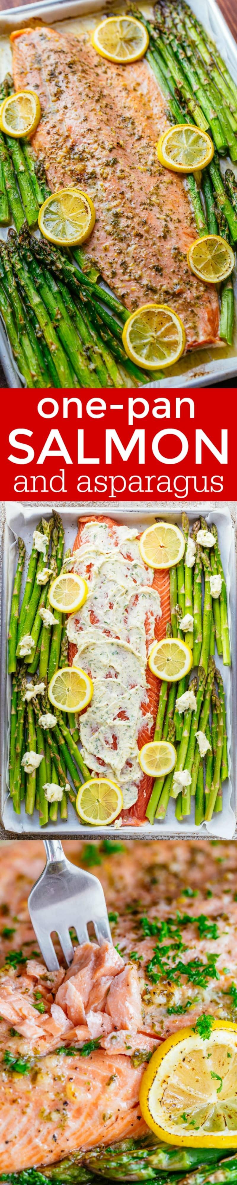 One Pan Salmon and Asparagus with Garlic Herb Butter One Pan Salmon and Asparagus with Garlic Herb Butter 6 servings. Ready in 25 min.